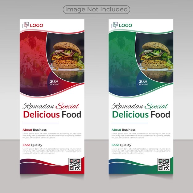 Diseño de plantilla de restaurante de banner enrollable de comida deliciosa de Ramadán