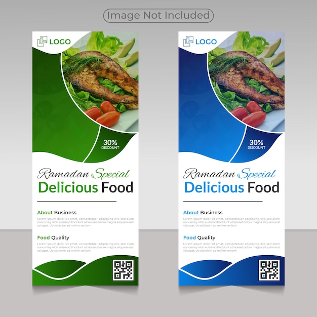 Diseño de plantilla de restaurante de banner enrollable de comida deliciosa de Ramadán