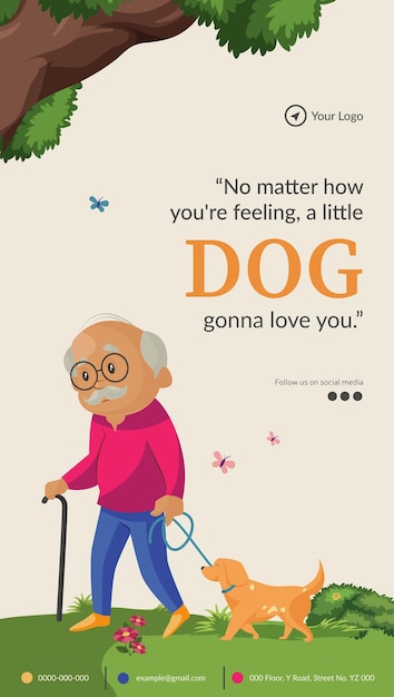 Diseño de plantilla de retrato de anciano paseando al perro