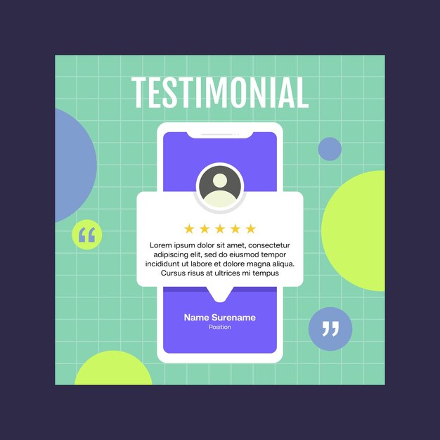 Diseño de plantilla de revisión de testimonios con comentario de calificación de estrellas