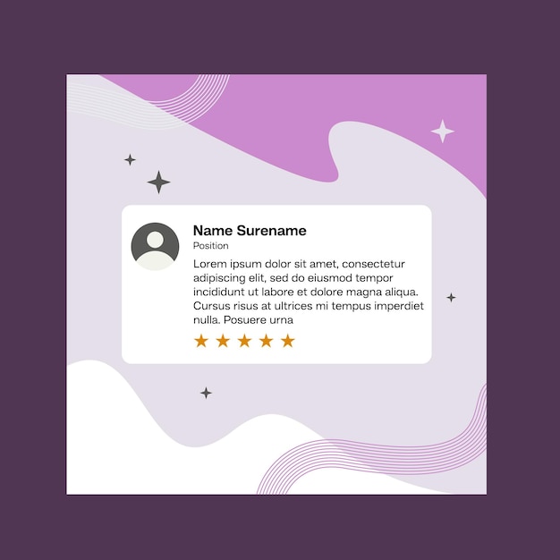 Diseño de plantilla de revisión de testimonios con comentario de calificación de estrellas
