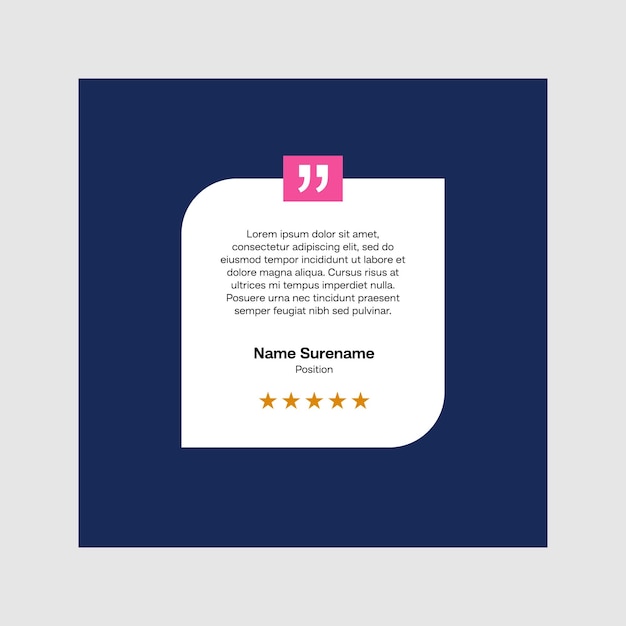 Diseño de plantilla de revisión de testimonios con comentario de calificación de estrellas