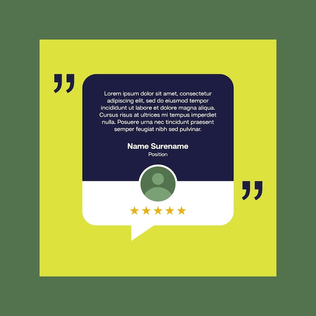 Diseño de plantilla de revisión de testimonios con comentario de calificación de estrellas