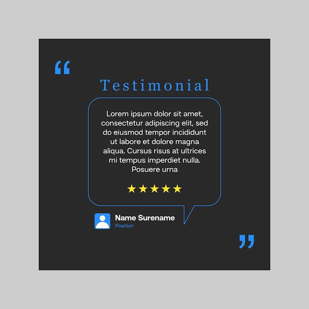 Diseño de plantilla de revisión de testimonios con comentario de calificación de estrellas