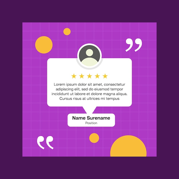 Diseño de plantilla de revisión de testimonios con comentario de calificación de estrellas