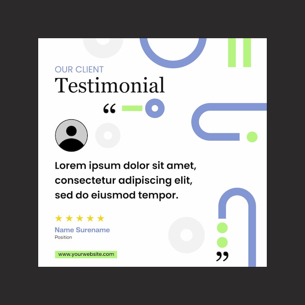 Diseño de plantilla de revisión de testimonios con comentario de calificación de estrellas