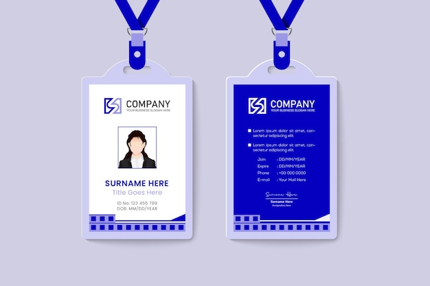 Diseño de plantilla de tarjeta de identificación azul único simple en estilo plano
