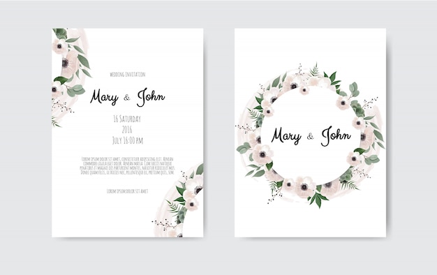 Diseño de plantilla de tarjeta de invitación de boda botánica, flores blancas y rosadas
