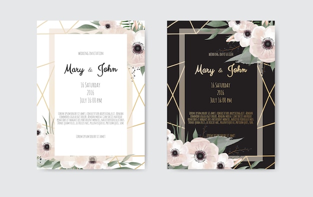 Diseño de plantilla de tarjeta de invitación de boda botánica, flores blancas y rosadas