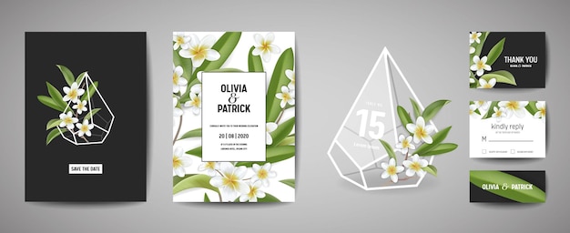 Diseño de plantilla de tarjeta de invitación de boda botánica, flores y hojas de plumeria tropical en estilo moderno, colección de guardar la fecha, RSVP, saludo en vector