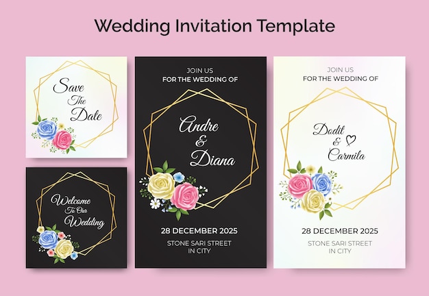 Diseño de plantilla de tarjeta de invitación de boda con corona floral guardar la fecha gracias publicación en las redes sociales