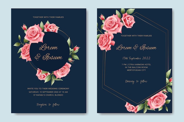 Diseño de plantilla de tarjeta de invitación de boda elegante con rosas