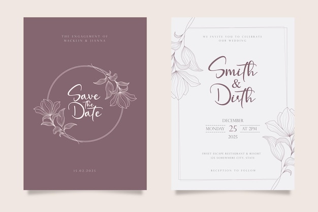 diseño de plantilla de tarjeta de invitación de boda en estilo de arte lineal