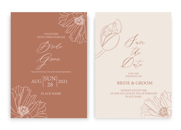 Diseño de plantilla de tarjeta de invitación de boda floral con hojas verdes Tema vintage pastel