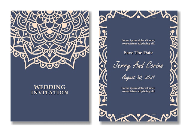 Diseño de plantilla de tarjeta de invitación de boda mandala de lujo, patrón de encaje étnico, mandala dorado