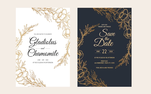 Diseño de plantilla de tarjeta de invitación de boda minimalista. Plantilla, marco con delicadas flores, ramas, plantas.