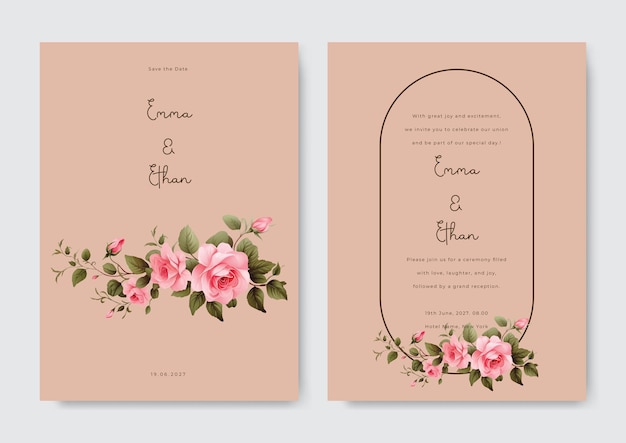 Diseño de plantilla de tarjeta de invitación de boda minimalista ramo floral rosa rosa decorado