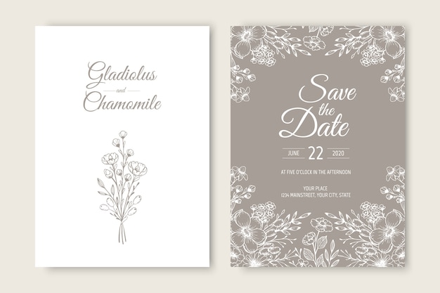 Diseño de plantilla de tarjeta de invitación de boda. Plantilla, marco con flores, ramas, plantas.