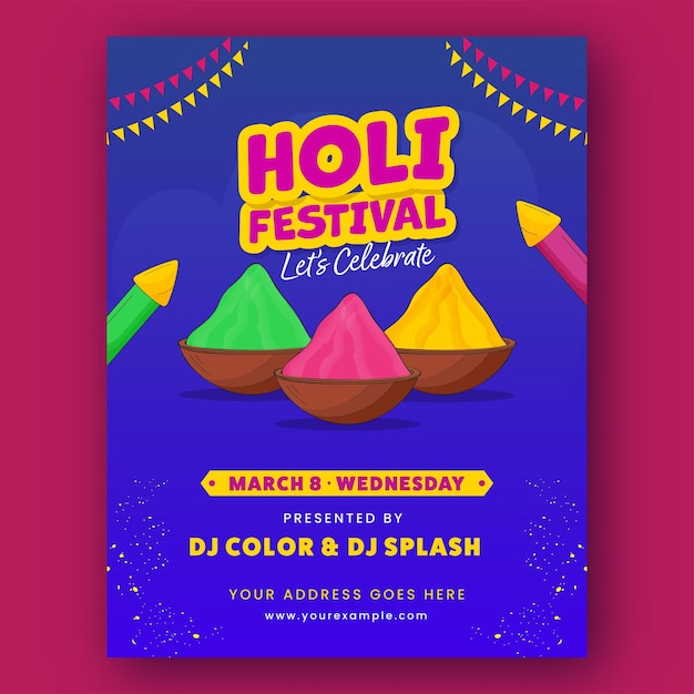 Diseño de plantilla de tarjeta de invitación de Holi Festival con cuencos llenos de colores secos Pistolas de agua Gulal Pichkari y detalles del evento