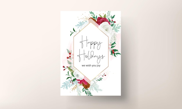 diseño de plantilla de tarjeta de navidad con hermosas flores y hojas doradas
