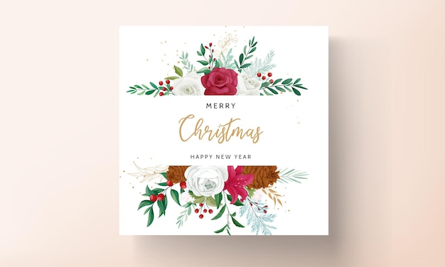 Vector diseño de plantilla de tarjeta de navidad con hermosas flores y hojas doradas