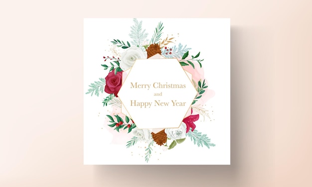 diseño de plantilla de tarjeta de navidad con hermosas flores y hojas doradas