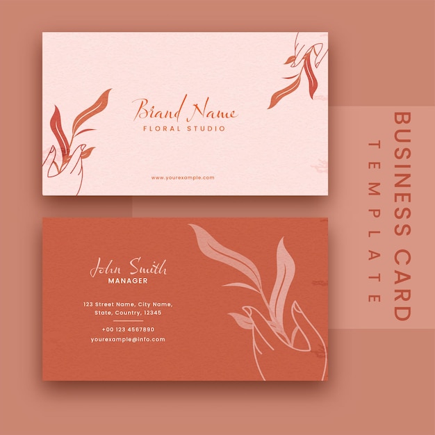 Diseño de plantilla de tarjeta de visita de estudio floral en color rosa pastel y naranja.