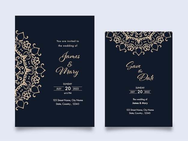 Diseño de plantilla de tarjetas de invitación de boda con patrón de mandala sobre fondo gris.