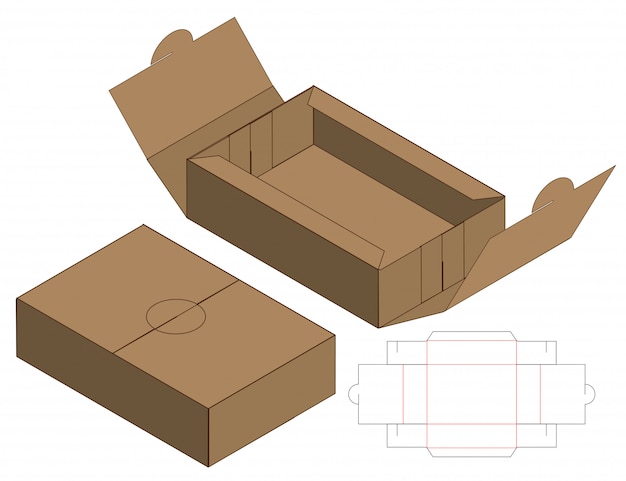 Diseño de plantilla troquelada caja de embalaje. Maqueta 3d