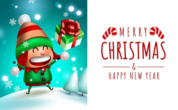 Diseño de plantilla de vector de duende navideño Feliz Navidad saludo texto en espacio vacío con duende juguetón