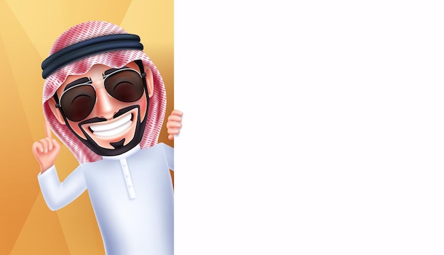 Diseño de plantilla de vector de personaje de hombre saudita. hombre árabe guapo de pie y sosteniendo un blanco vacío.