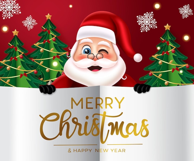 Diseño de plantilla de vector de santa de Navidad. Texto de feliz navidad en elemento plegable de papel blanco.