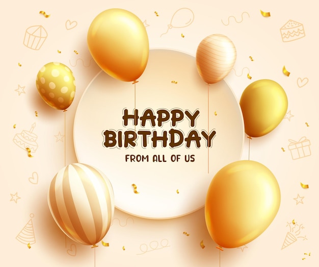 Diseño de plantilla de vector de texto de feliz cumpleaños Texto de cumpleaños en espacio vacío con elegante globo dorado