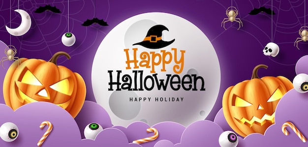 Diseño de plantilla de vector de texto de feliz halloween Tarjeta de felicitación de feliz fiesta en espacio de luna llena