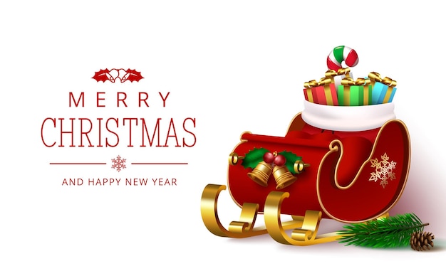 Diseño de plantilla de vector de trineo de Navidad Texto de saludo de feliz Navidad con trineo de santa claus