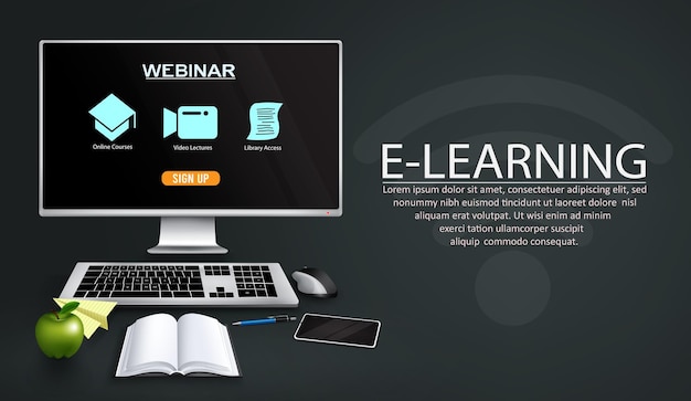 Vector diseño de plantilla vectorial de aprendizaje electrónico. texto de seminario web de aprendizaje electrónico con computadora de monitor.