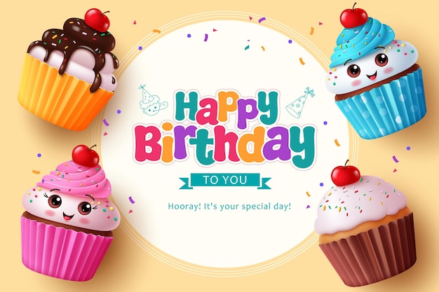 Diseño de plantilla vectorial de pastel de cumpleaños felices Caracteres de pasteles de aniversario en chocolate de fresa
