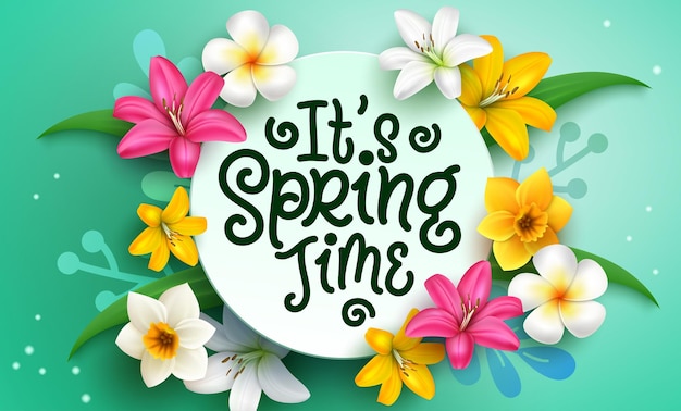 Diseño de plantilla vectorial de tiempo de primavera Su texto de tiempo de primavera en el espacio del círculo verde con flores