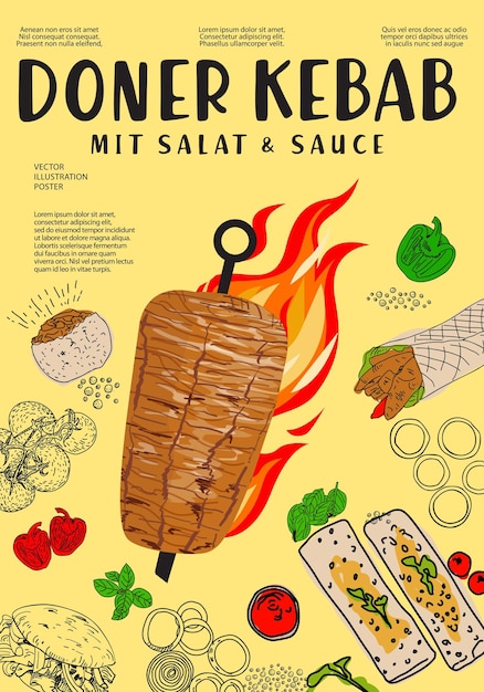 Diseño de plantillas de carteles de restaurantes y cafés de kebab de Doner