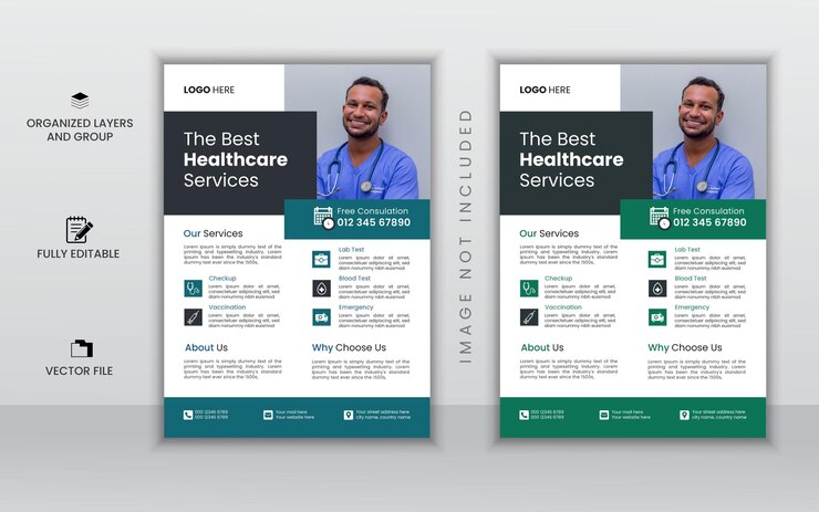 Diseño de plantillas de carteles y volantes de atención médica vectorial