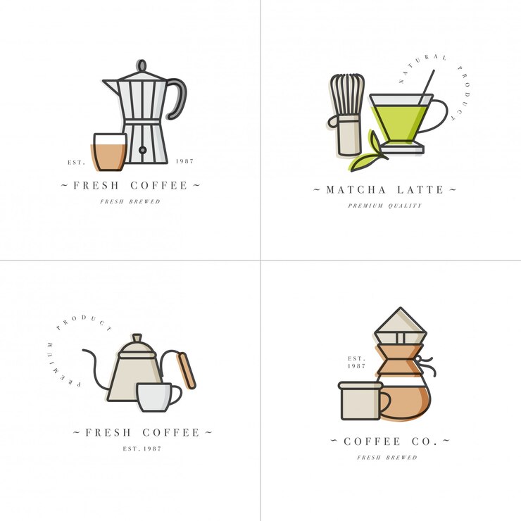 Diseño de plantillas coloridas logotipos y emblemas - cafetería y cafetería. Icono de comida Etiquetas en moda estilo lineal aislado sobre fondo blanco.