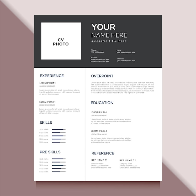 Diseño de plantillas de currículum profesional y vector de carta de presentación con encabezado minimalista