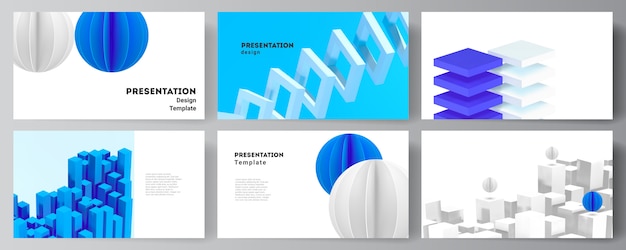 diseño de plantillas de diseño de diapositivas de presentación, plantilla para folleto de presentación, portada de folleto, informe comercial. Composición de render 3D con formas geométricas azules dinámicas en movimiento.