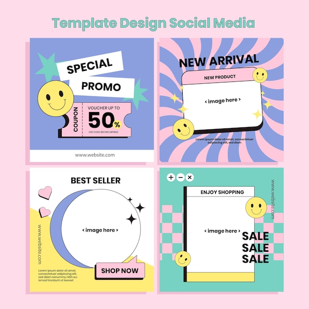 Diseño de plantillas con diseño de estilo retro lindo Publicaciones en las redes sociales con dibujos a mano coloridos