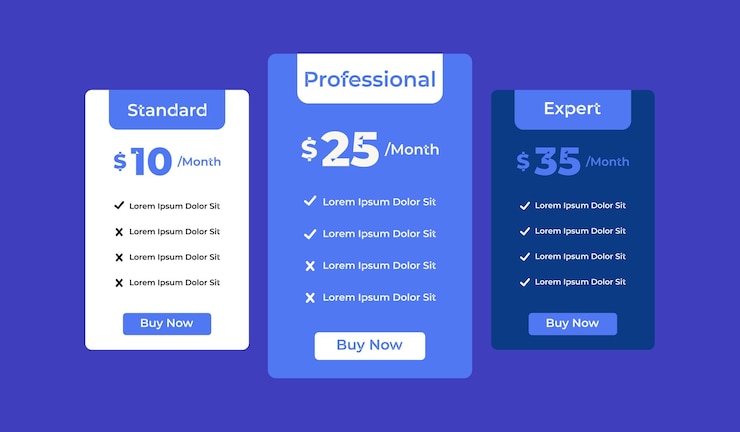 Vector diseño de plantillas de gráficos de comparación de precios de 3 columnas para negocios en la web