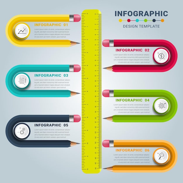 Diseño de plantillas de infografías educativas creativas con escala y lápiz curvo