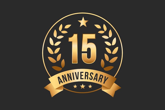Diseño de plantillas de insignias doradas de aniversario Logotipo de corona de laurel Celebración de los 15 años
