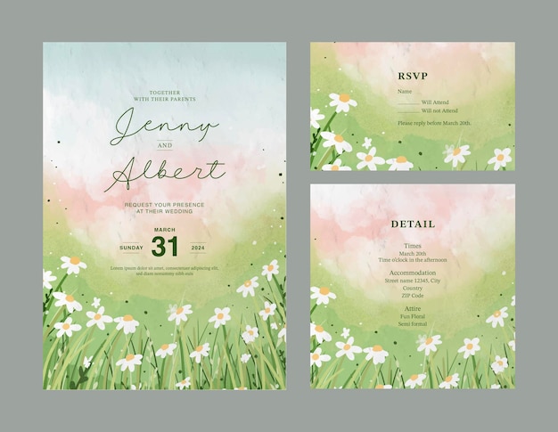 diseño de plantillas de tarjetas de invitación de bodas con flores en acuarela