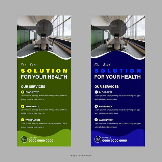 Diseño de plantillas de tarjetas de soporte de puertas médicas y DL Flyer Roll Up Banner