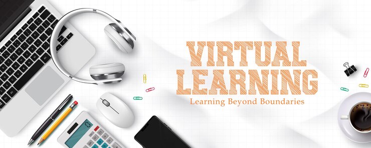 Vector diseño de plantillas vectoriales de aprendizaje virtual de la escuela de vuelta a la escuela texto de aprendizaje virtual con portátil